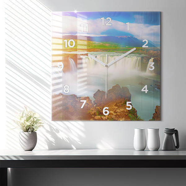 Square glass wall clock Godafoss in Iceland
