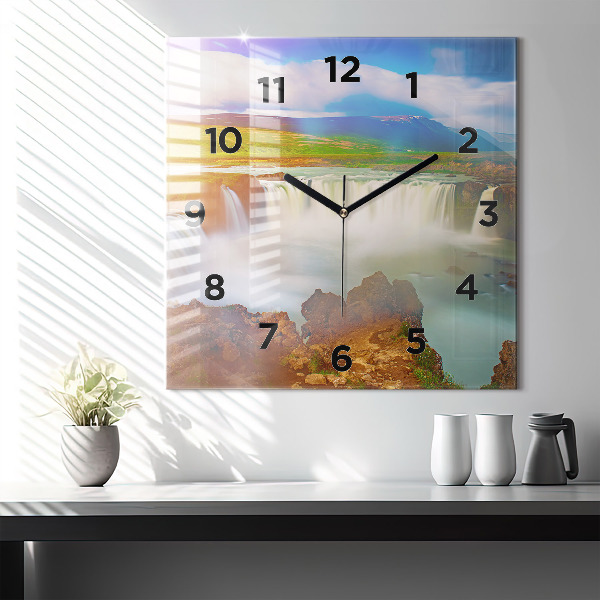 Square glass wall clock Godafoss in Iceland