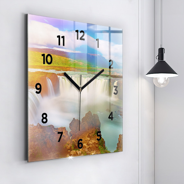 Square glass wall clock Godafoss in Iceland