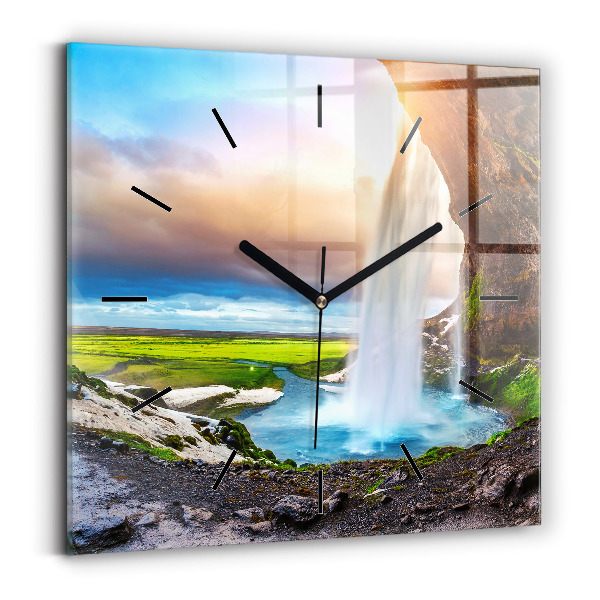 Square glass wall clock Waterfall in Iceland