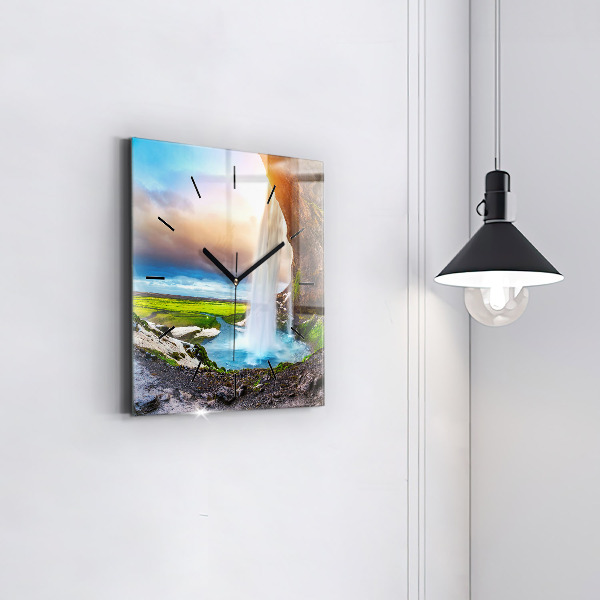 Square glass wall clock Waterfall in Iceland