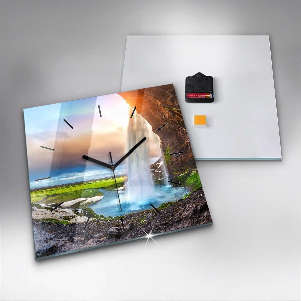 Square glass wall clock Waterfall in Iceland