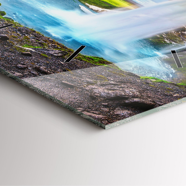 Square glass wall clock Waterfall in Iceland