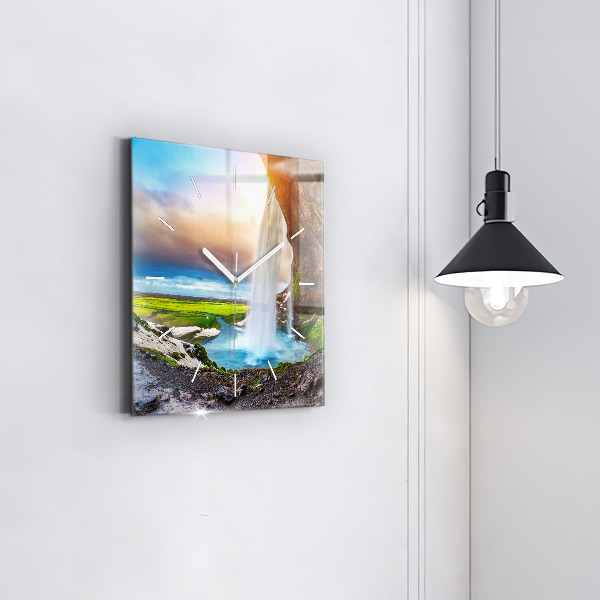 Square glass wall clock Waterfall in Iceland
