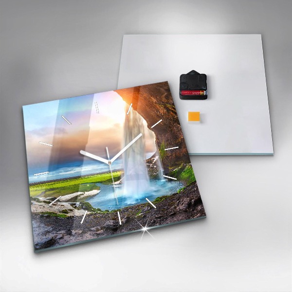 Square glass wall clock Waterfall in Iceland
