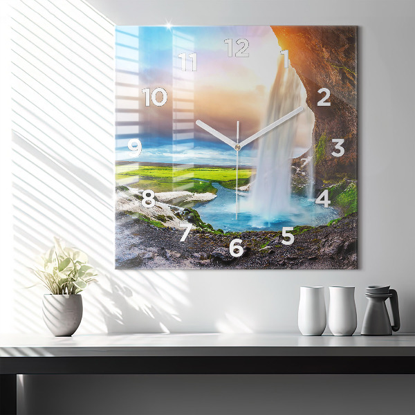 Square glass wall clock Waterfall in Iceland