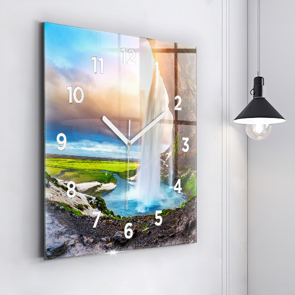 Square glass wall clock Waterfall in Iceland