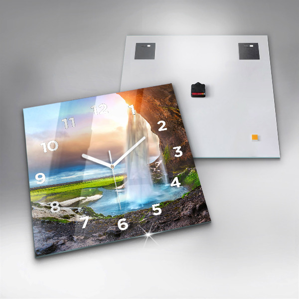Square glass wall clock Waterfall in Iceland