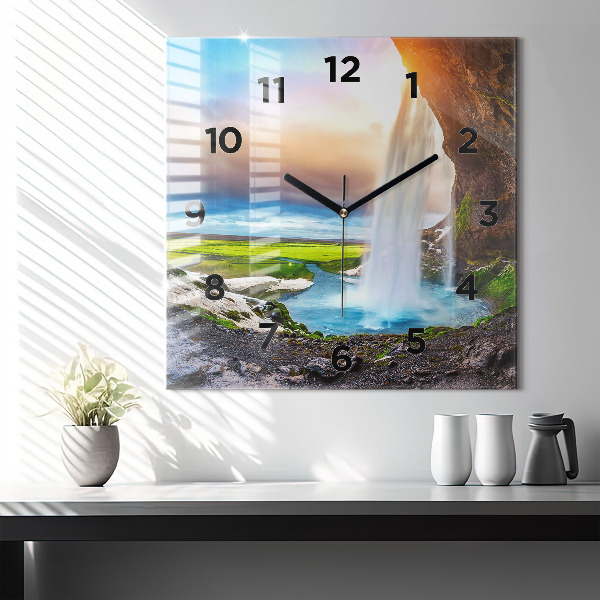Square glass wall clock Waterfall in Iceland