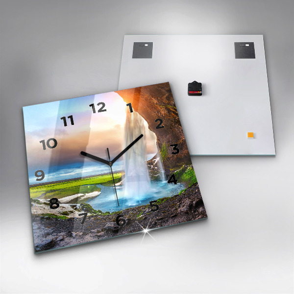 Square glass wall clock Waterfall in Iceland