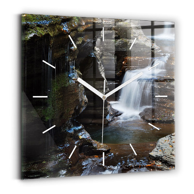 Square glass wall clock Waterfall and rocks of Iceland