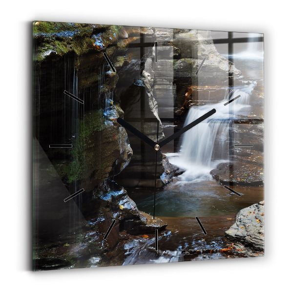 Square glass wall clock Waterfall and rocks of Iceland