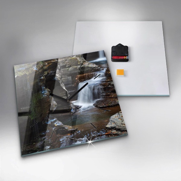 Square glass wall clock Waterfall and rocks of Iceland