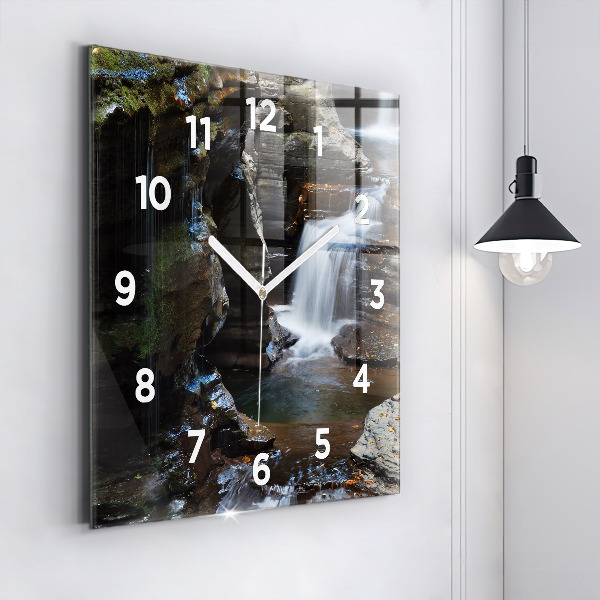 Square glass wall clock Waterfall and rocks of Iceland