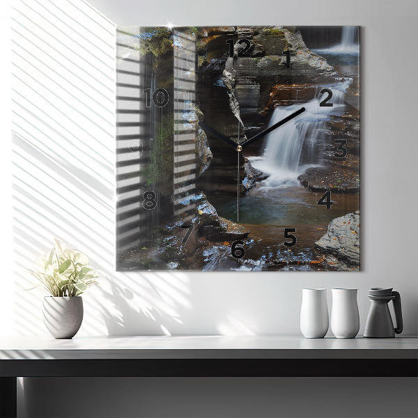 Square glass wall clock Waterfall and rocks of Iceland