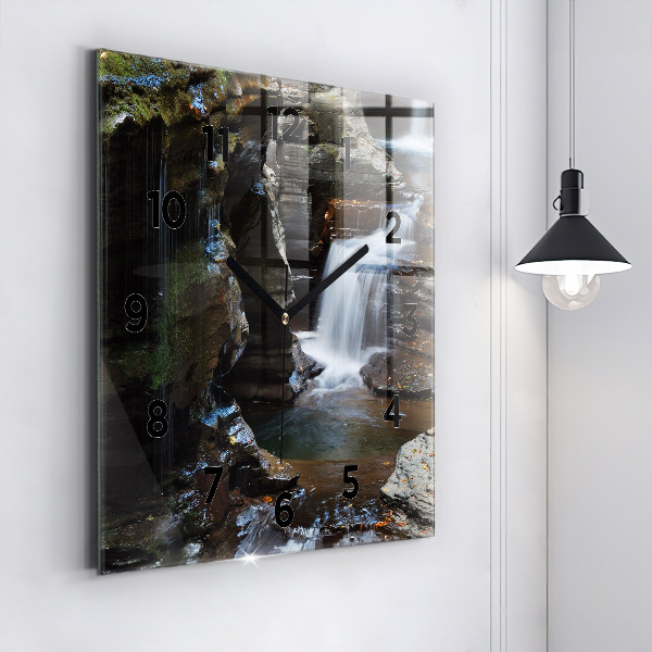 Square glass wall clock Waterfall and rocks of Iceland