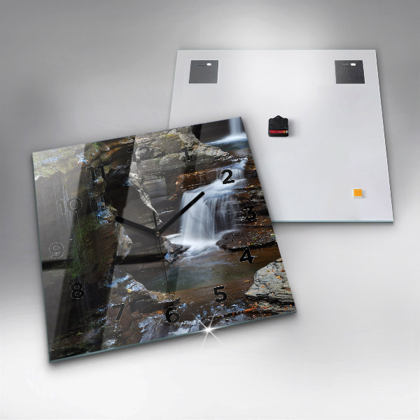Square glass wall clock Waterfall and rocks of Iceland