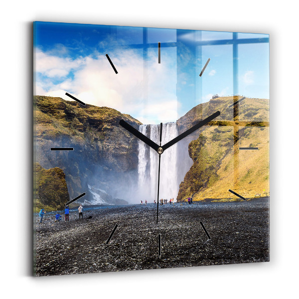 Square glass wall clock Waterfall in Iceland