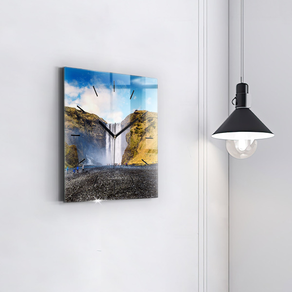Square glass wall clock Waterfall in Iceland