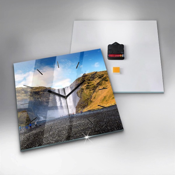 Square glass wall clock Waterfall in Iceland