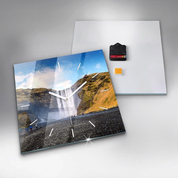 Square glass wall clock Waterfall in Iceland