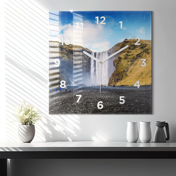 Square glass wall clock Waterfall in Iceland