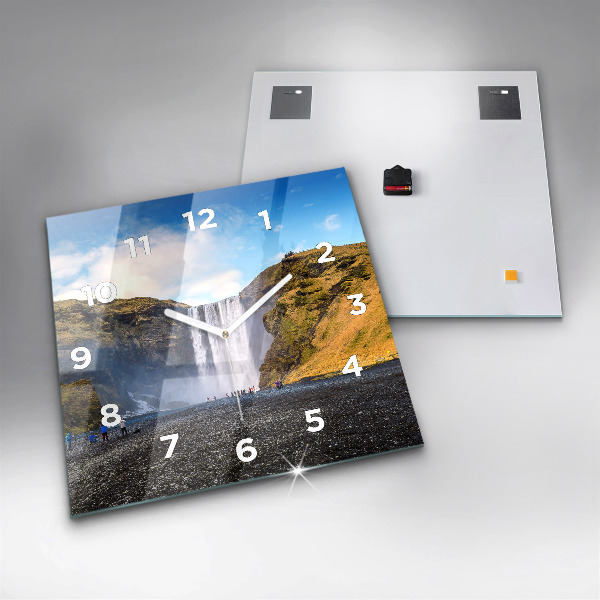 Square glass wall clock Waterfall in Iceland