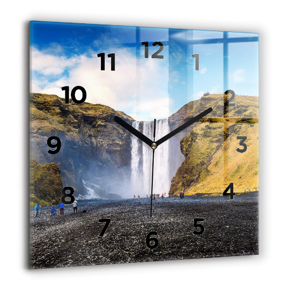 Square glass wall clock Waterfall in Iceland