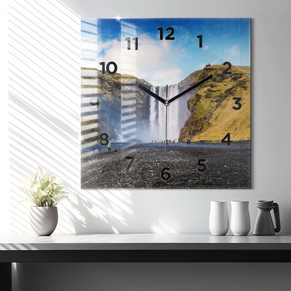 Square glass wall clock Waterfall in Iceland