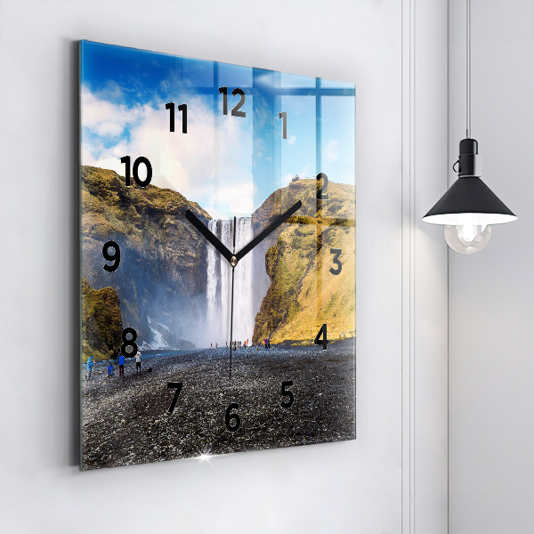 Square glass wall clock Waterfall in Iceland