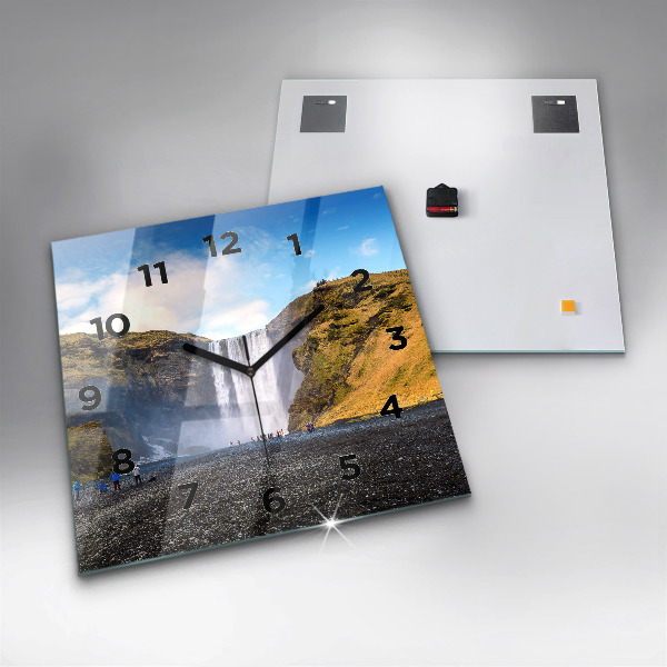 Square glass wall clock Waterfall in Iceland