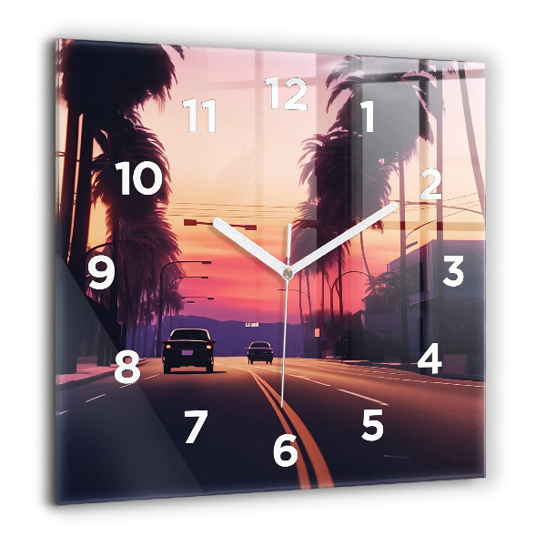 Square glass wall clock Sunset in LA