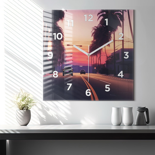 Square glass wall clock Sunset in LA