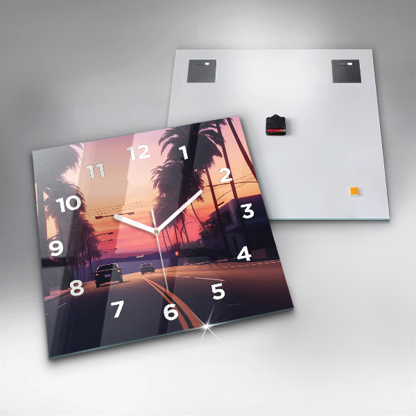 Square glass wall clock Sunset in LA