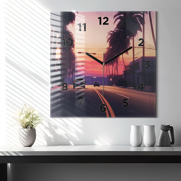 Square glass wall clock Sunset in LA