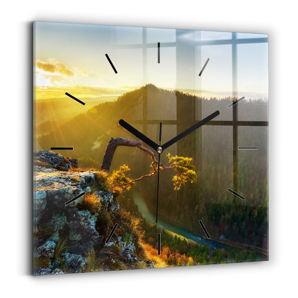 Square glass wall clock Sunset over the mountains