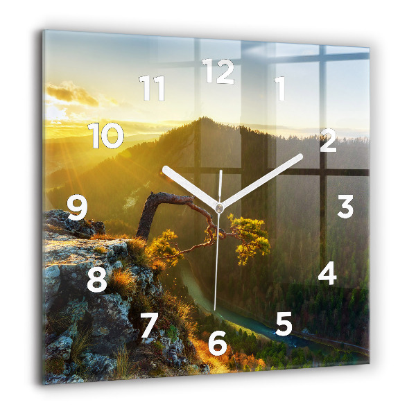 Square glass wall clock Sunset over the mountains