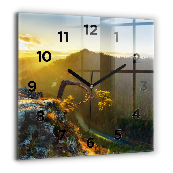 Square glass wall clock Sunset over the mountains