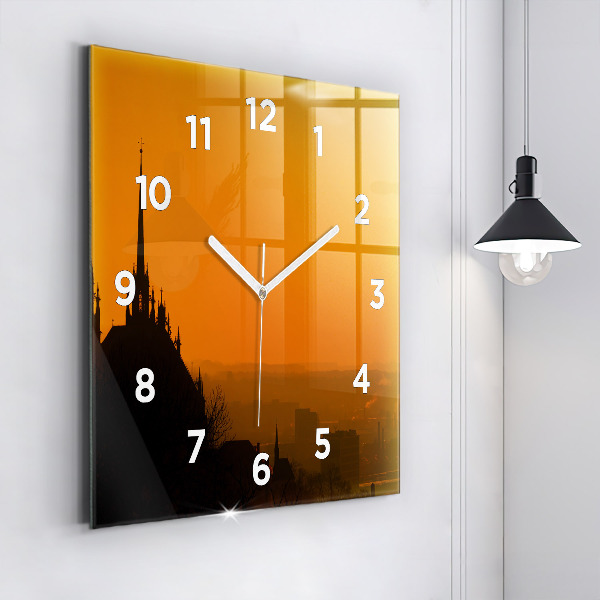 Square glass wall clock View of the Brno Cathedral