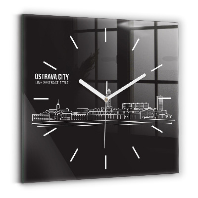 Square glass wall clock City of Ostrava drawing