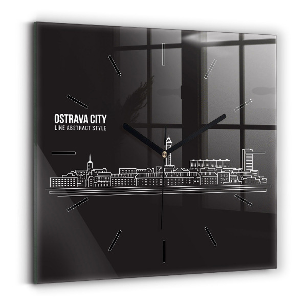 Square glass wall clock City of Ostrava drawing