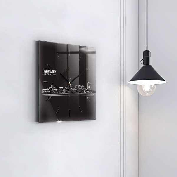 Square glass wall clock City of Ostrava drawing