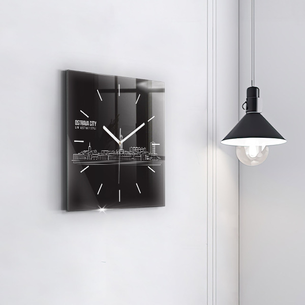 Square glass wall clock City of Ostrava drawing