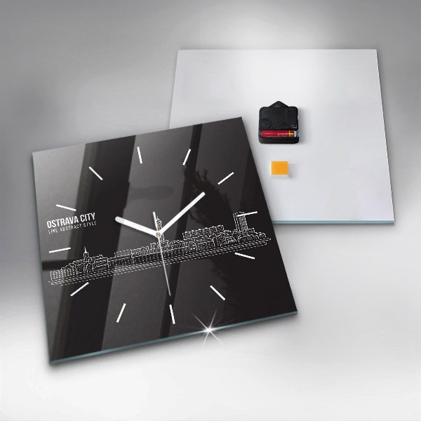 Square glass wall clock City of Ostrava drawing