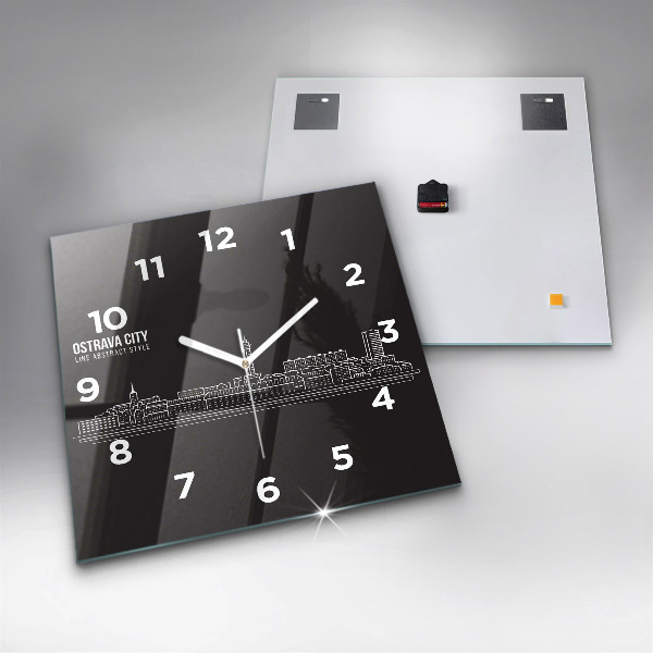 Square glass wall clock City of Ostrava drawing