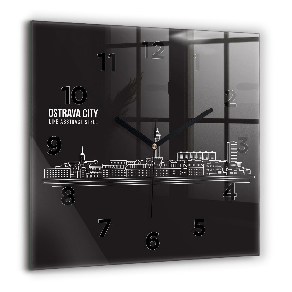 Square glass wall clock City of Ostrava drawing