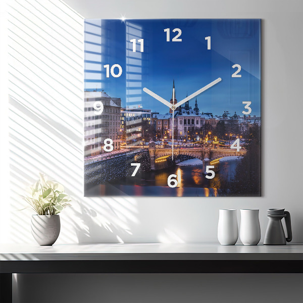 Square glass wall clock Panorama of the city of Pilsen