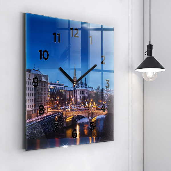 Square glass wall clock Panorama of the city of Pilsen