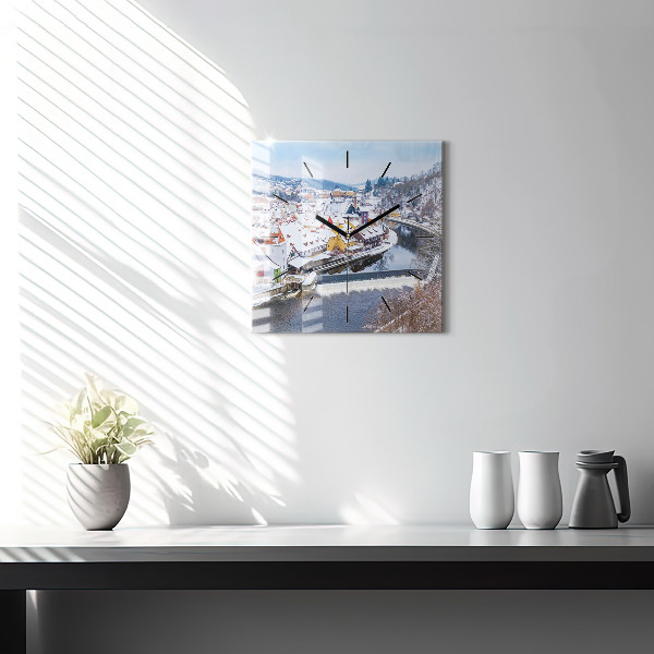 Square glass wall clock Panorama of the city in winter