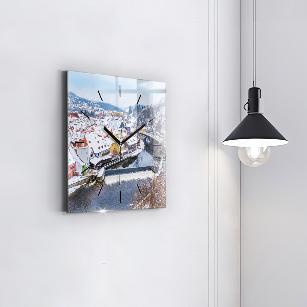 Square glass wall clock Panorama of the city in winter